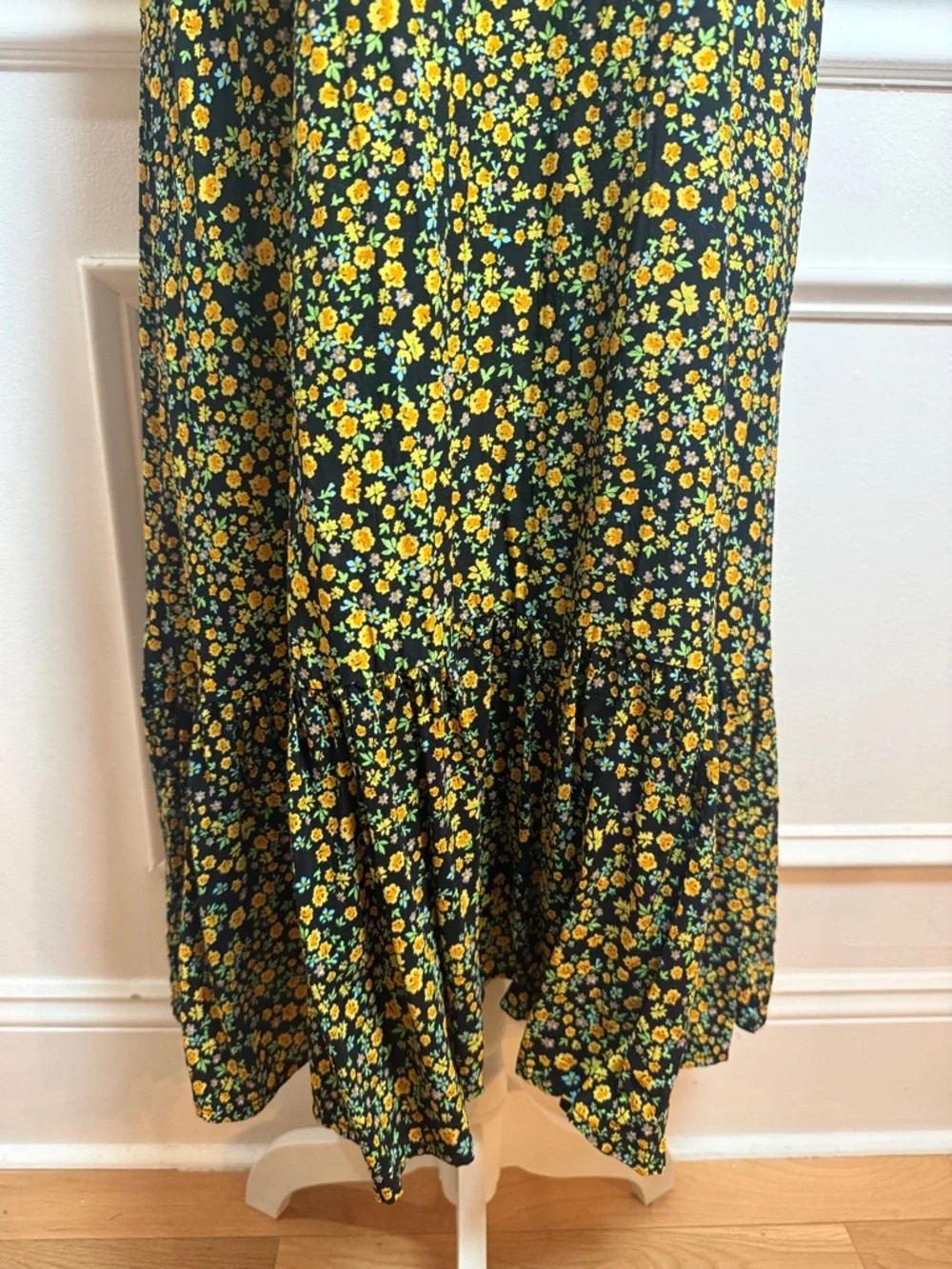 Faithfull The Brand Black‎ Yellow Floral Puff Sleeve Midi Dress L Size 8